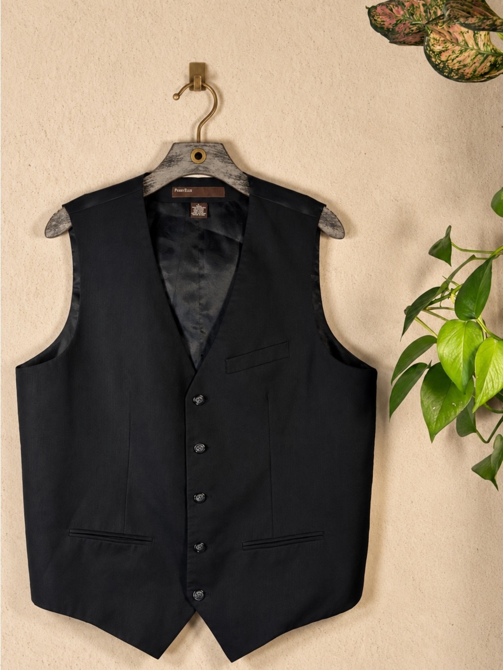 Perry Ellis Black Five Button Suit Vest Men’s Large Tailored Dress Waistcoat